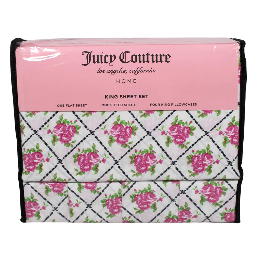 Juicy Couture King 6 Pc Sheet Set HOME, Chain Link Pattern Rose Print