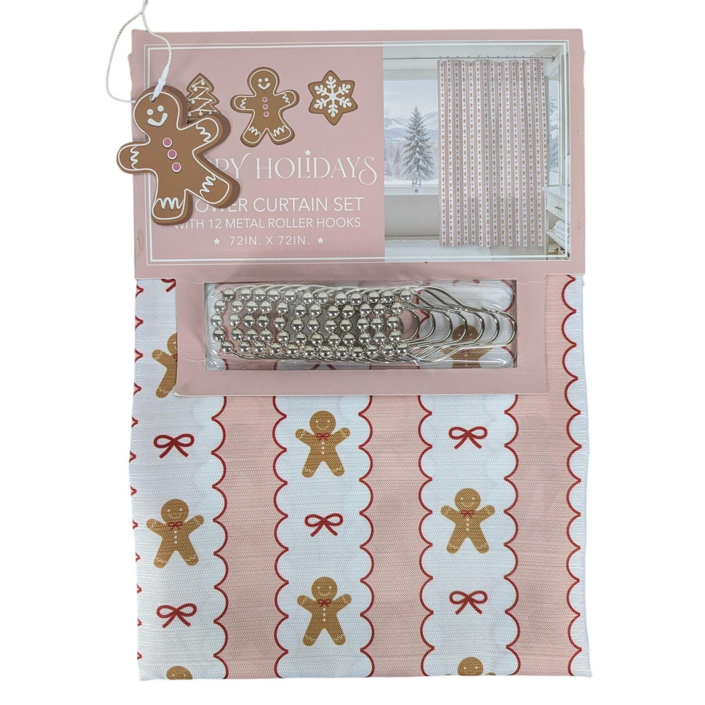 Holiday Shoppe Pink Gingerbread Man Shower Curtain 70x72 Christmas Bath + Hooks
