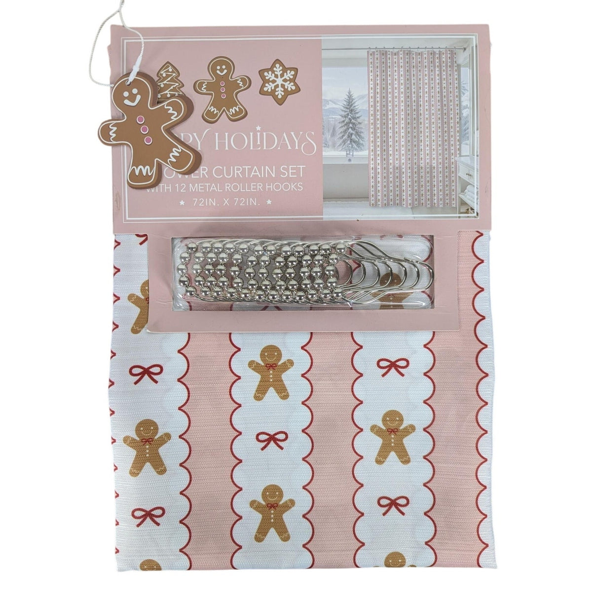 Holiday Shoppe Pink Gingerbread Man Shower Curtain 70x72 Christmas Bath + Hooks