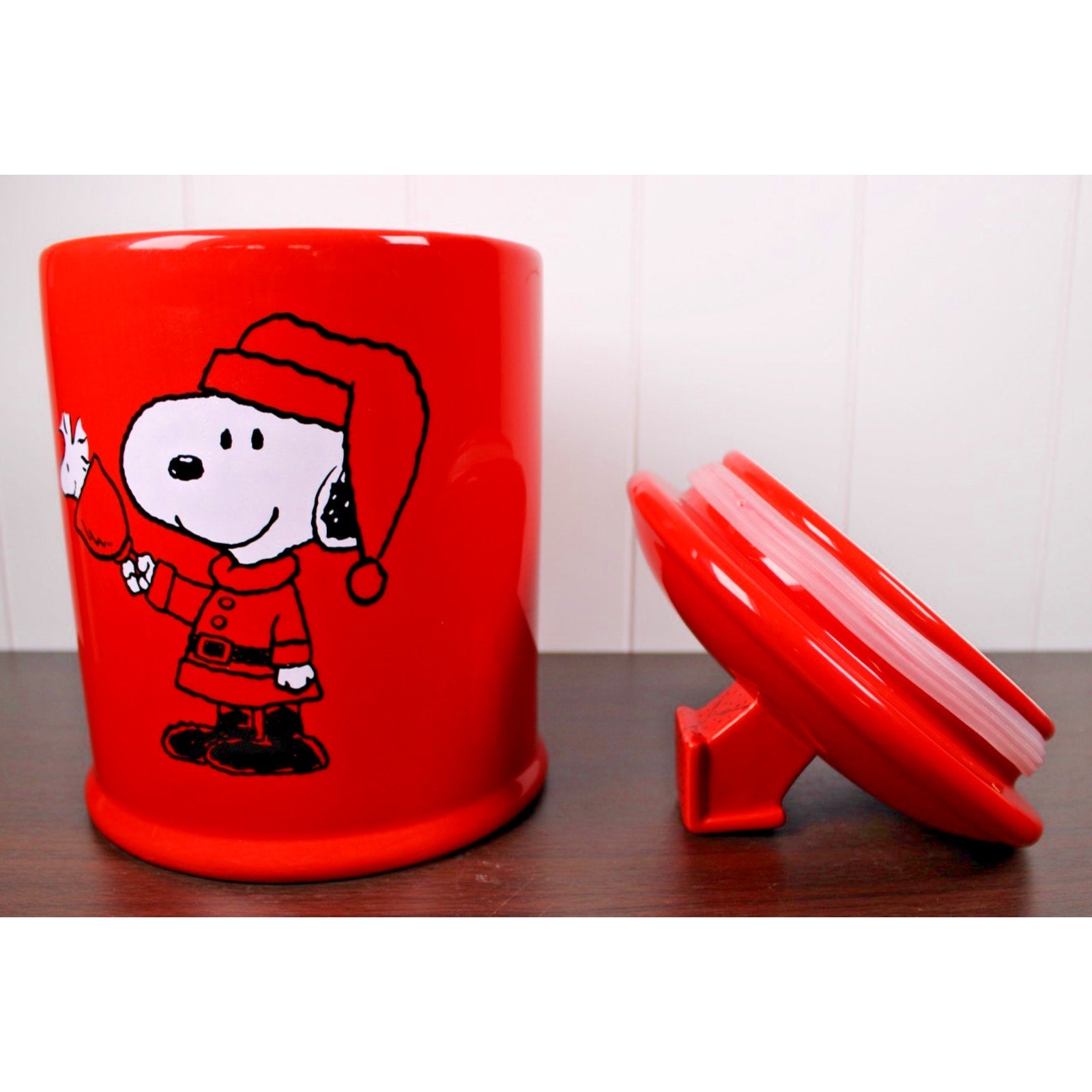 Bell Ringing Santa Snoopy Christmas Cookie Jar / Dog Treat Canister