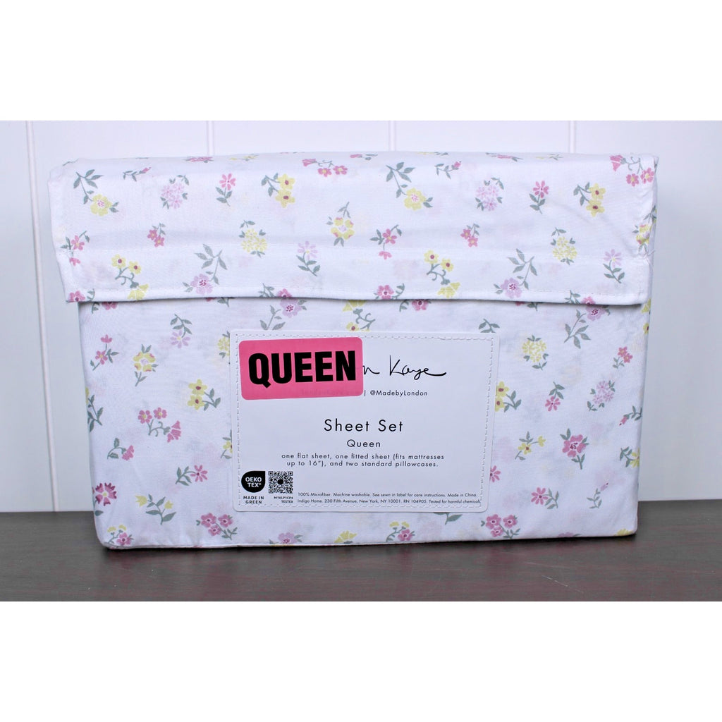London Kaye Pink & Yellow Flower Garden Soft Brushed Queen Sheet Set NEW