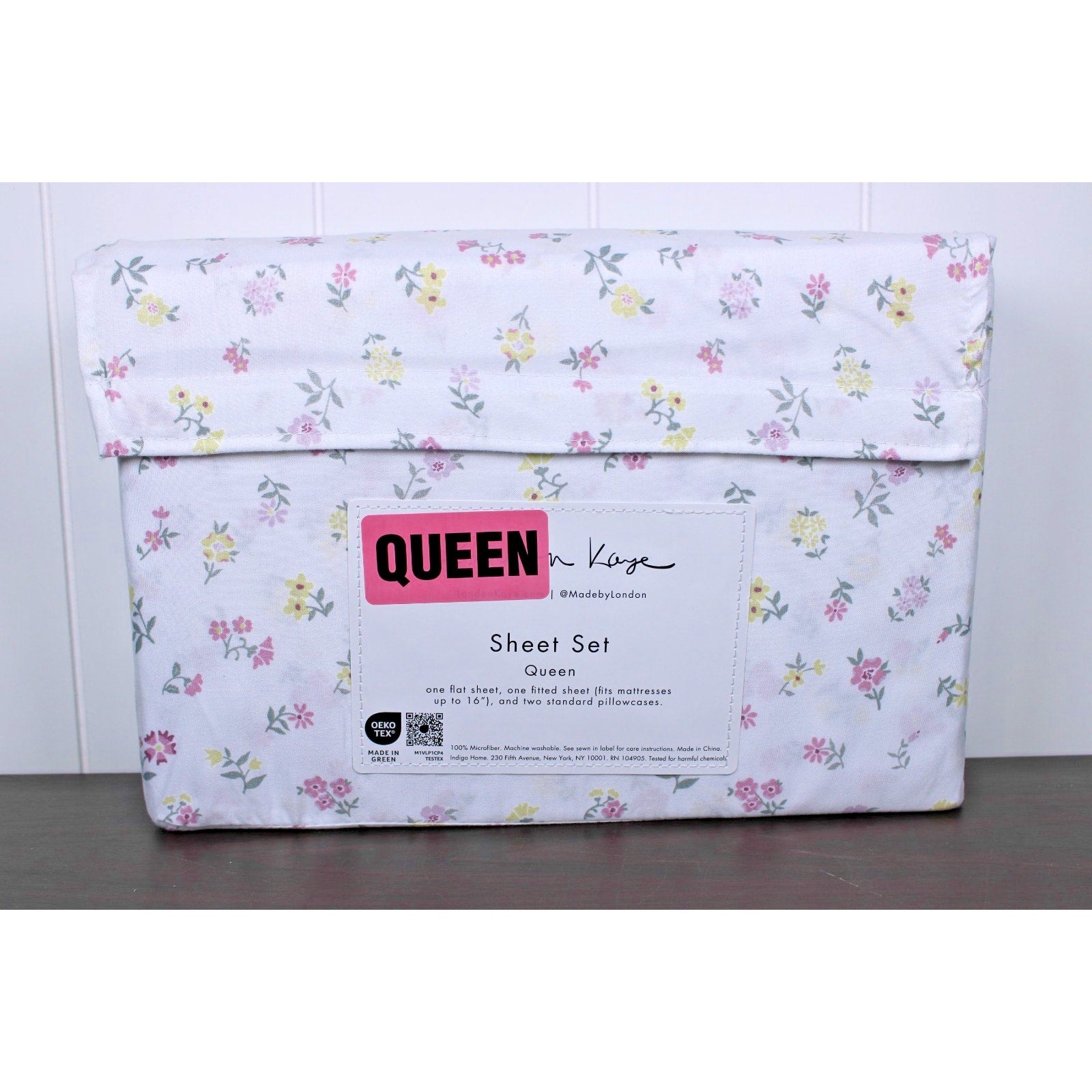 London Kaye Pink & Yellow Flower Garden Soft Brushed Queen Sheet Set NEW