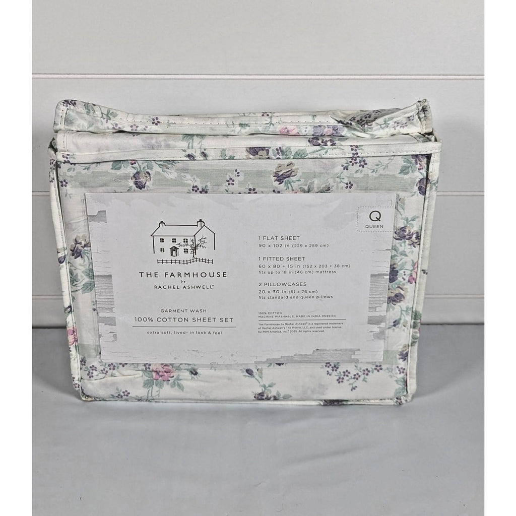 The Farmhouse Rachel Ashwell Purple, Pink, Green Floral Queen Sheet Set, NEW