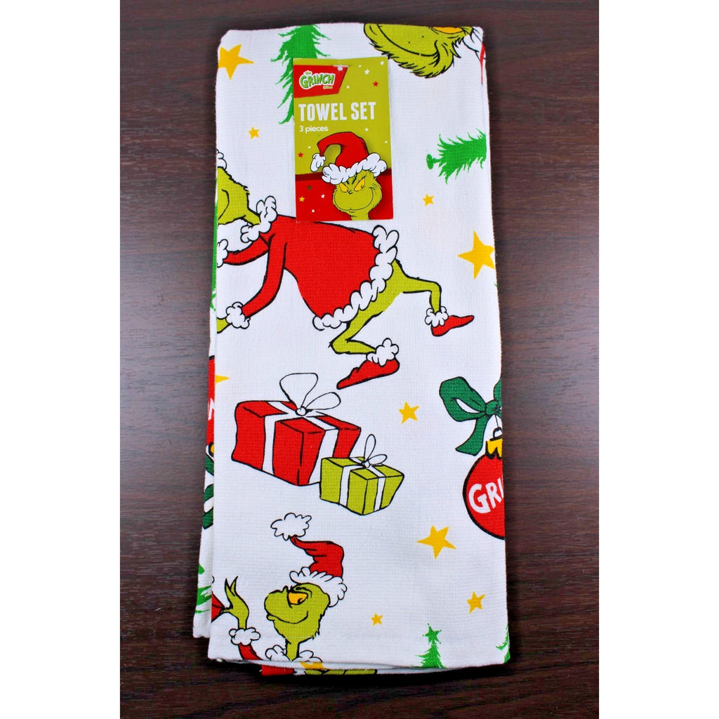 Set Of 3 Dr. Seuss The Grinch Stealing Gifts Christmas Kitchen Towels