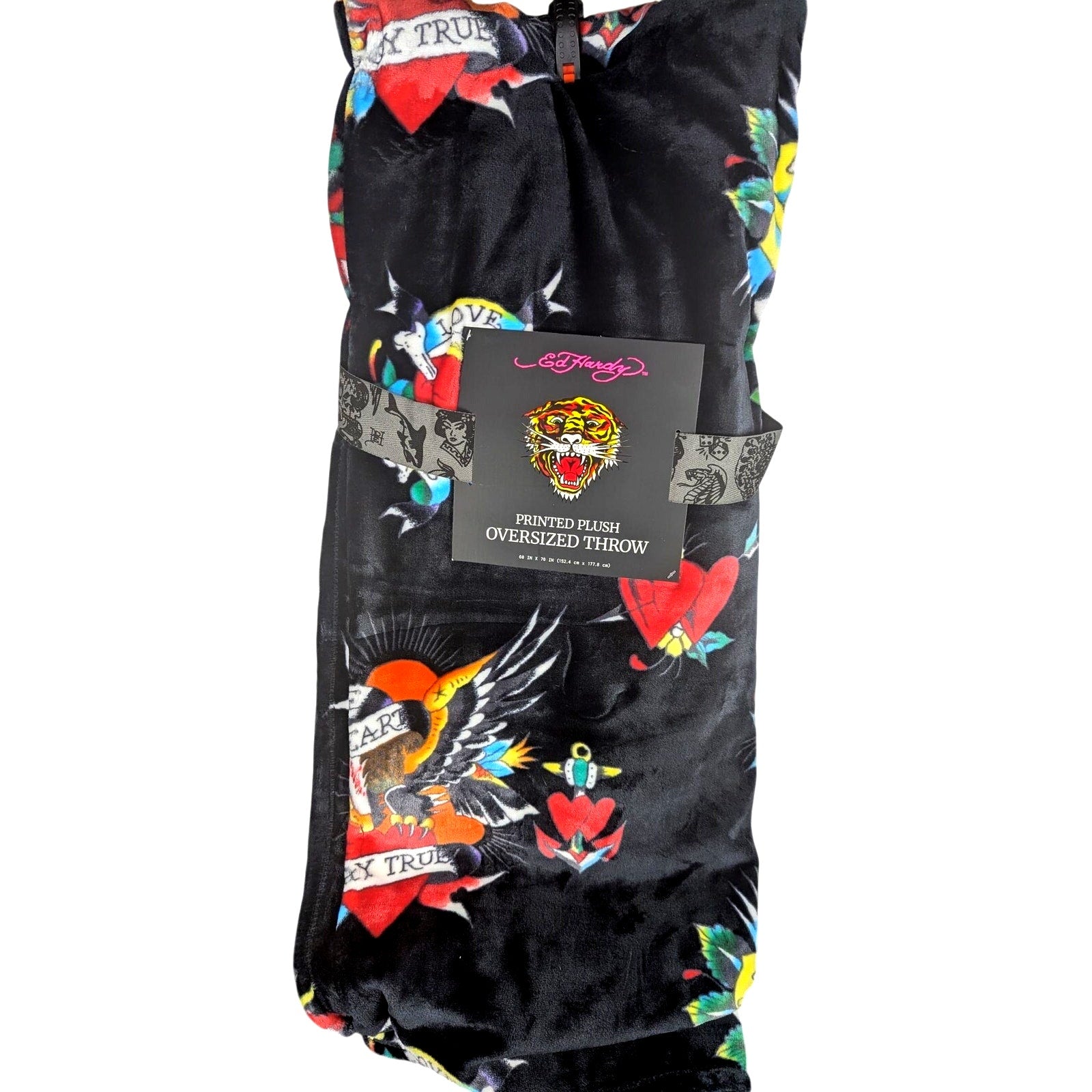 Ed Hardy Plush Throw Blanket Oversized 50X70 Black tattoo Eagle Rose Cozy Soft