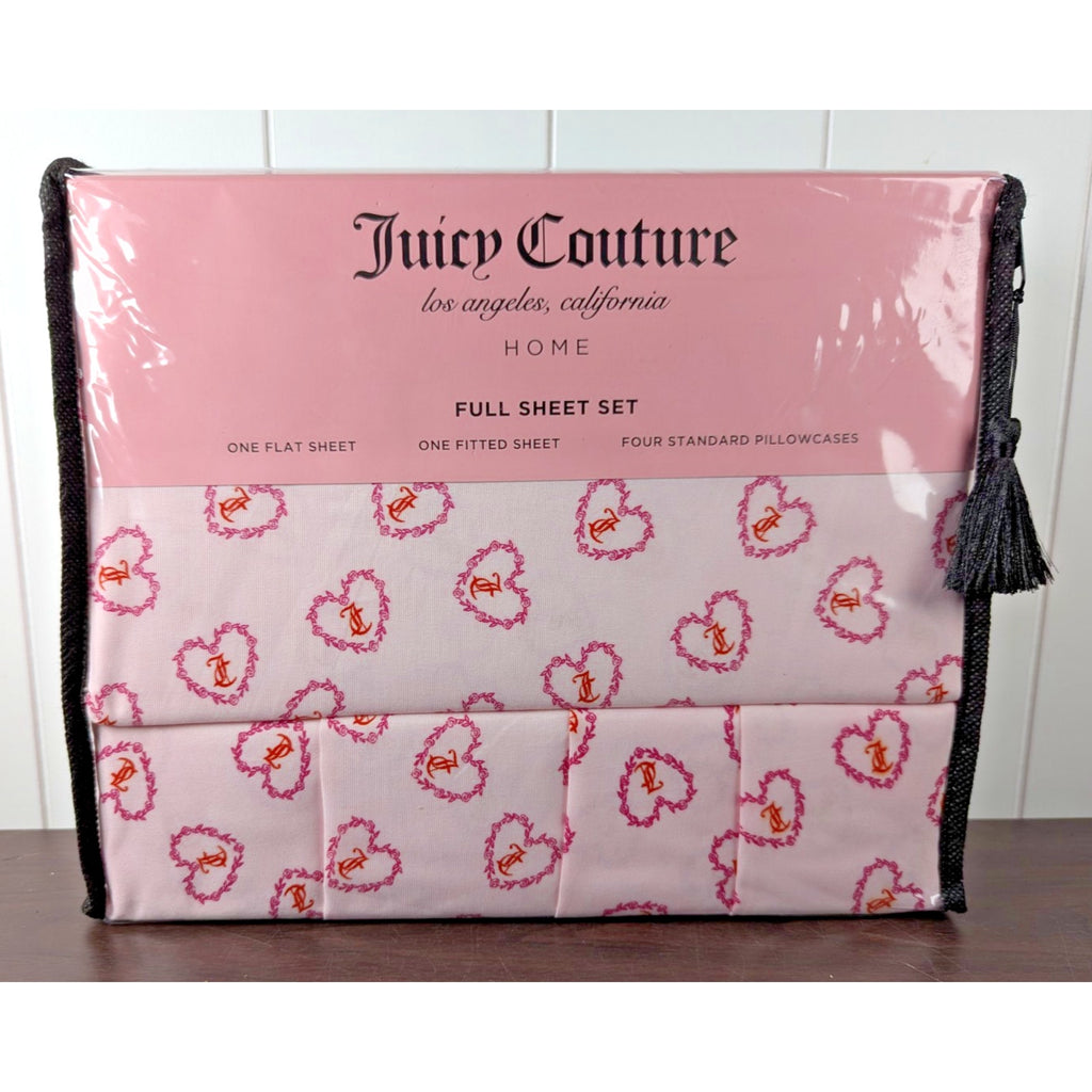 Juicy Couture Full 6pc Sheet Set, Juicy Monogram, Rose Hearts, Pink