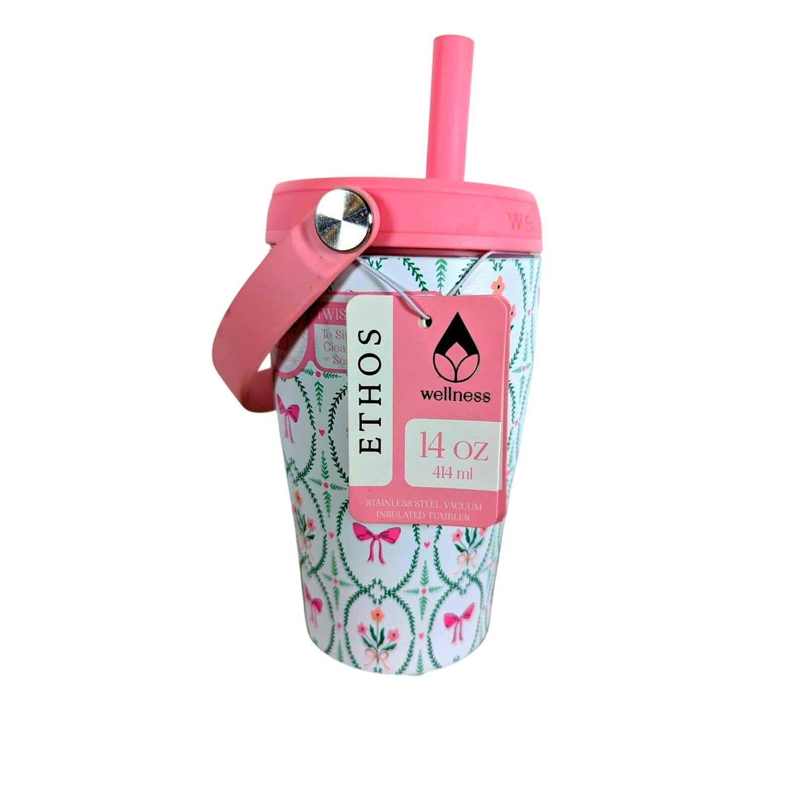 Wellness Tumbler Stainless Steel Double Wall-14 oz-BPA Free-Pink- Bows- Flowers