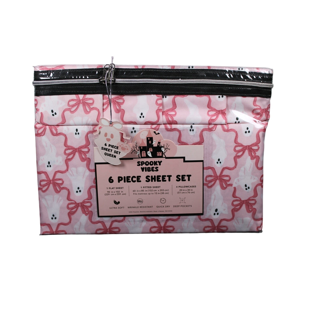 Spooky Vibes QUEEN 6pc Ghost Halloween Pink Bows Ultra Soft Sheet Set