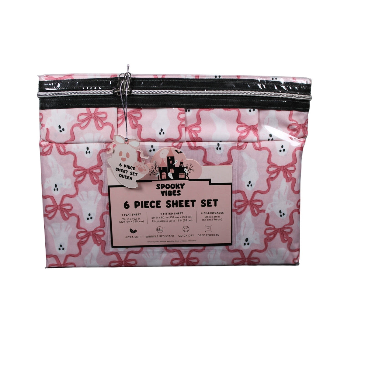 Spooky Vibes QUEEN 6pc Ghost Halloween Pink Bows Ultra Soft Sheet Set
