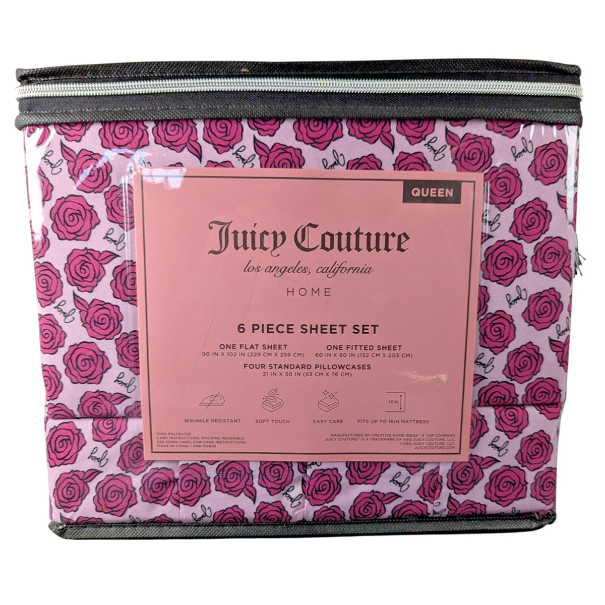 Juicy Couture Queen 6 Piece Sheet Set - Juicy Logo with Pink Roses