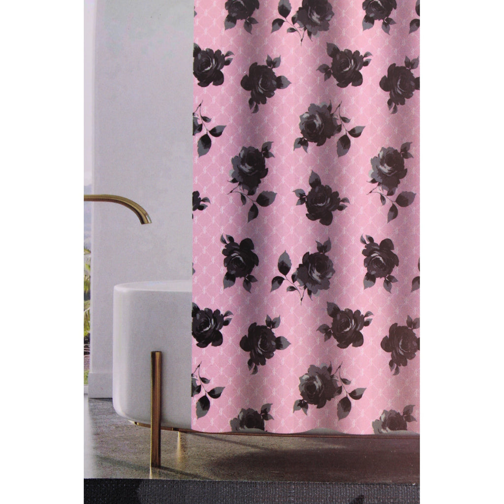 New Juicy Couture Pink Black Roses JC Logo,  Fabric Shower Curtain 12 Hooks