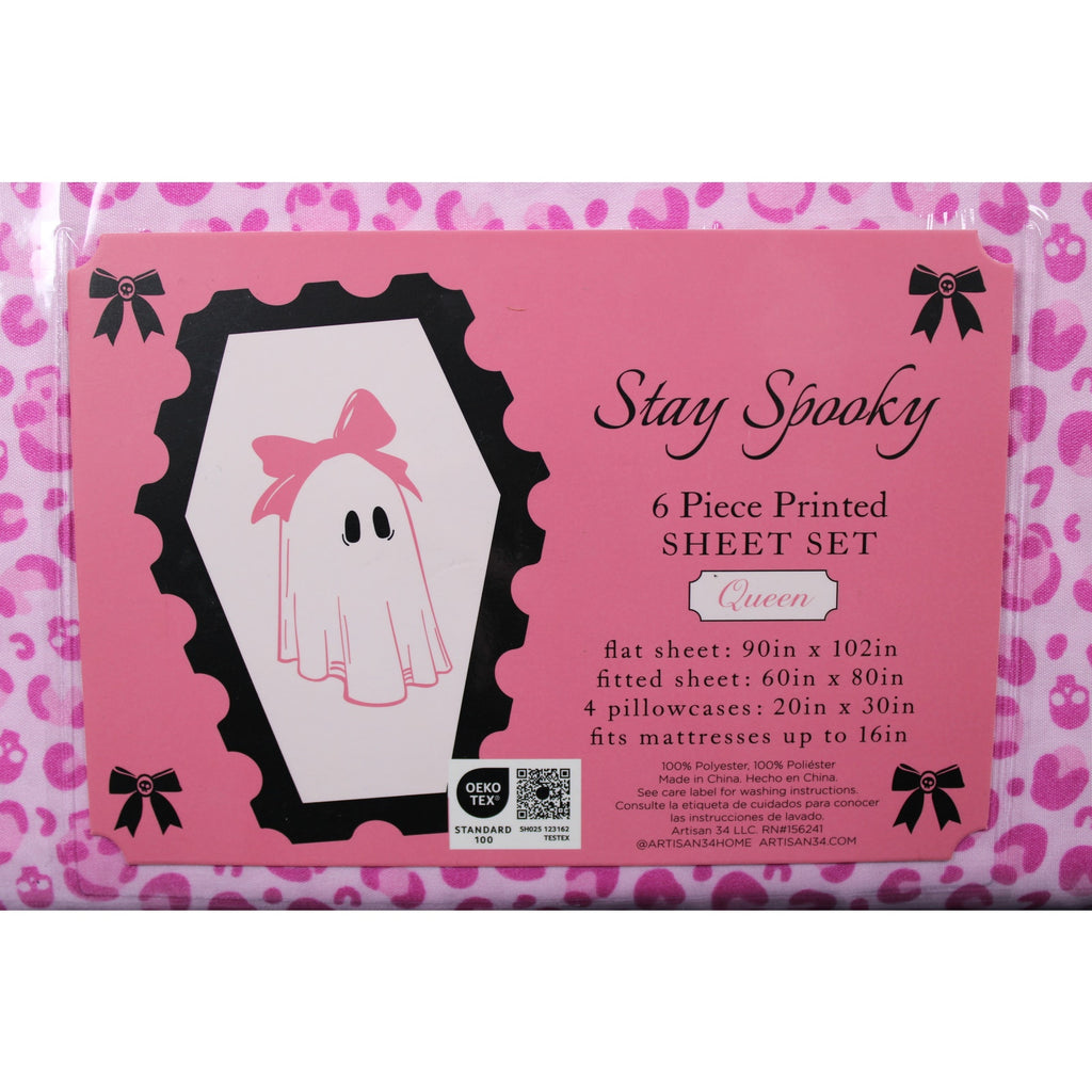 STAY SPOOKY 6pc QUEEN Halloween Skulls leopard print Pink Sheet Set - NEW
