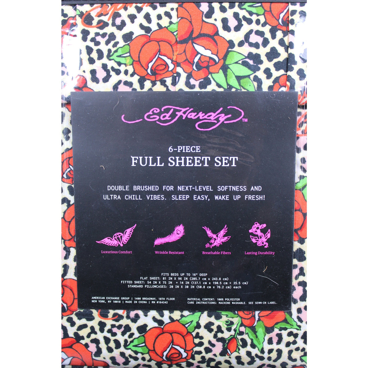 Ed Hardy Leopard Print with Red Roses & Logos 6pc FULL Sheet Set w/4 Pillowcases