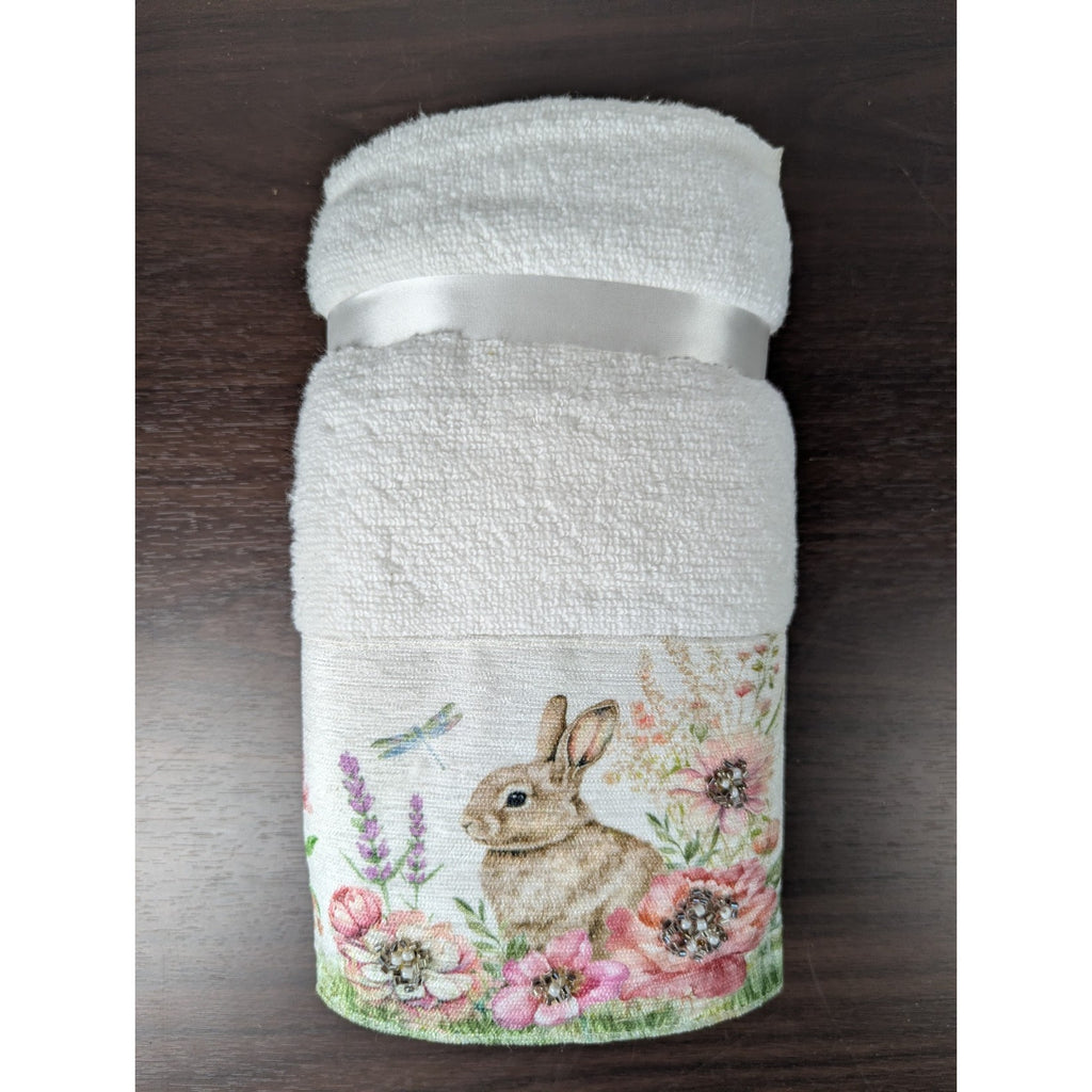Easter Blessing Beaded Bunny Floral Hand Towels Set of 2, 16x28" 100% Cotton