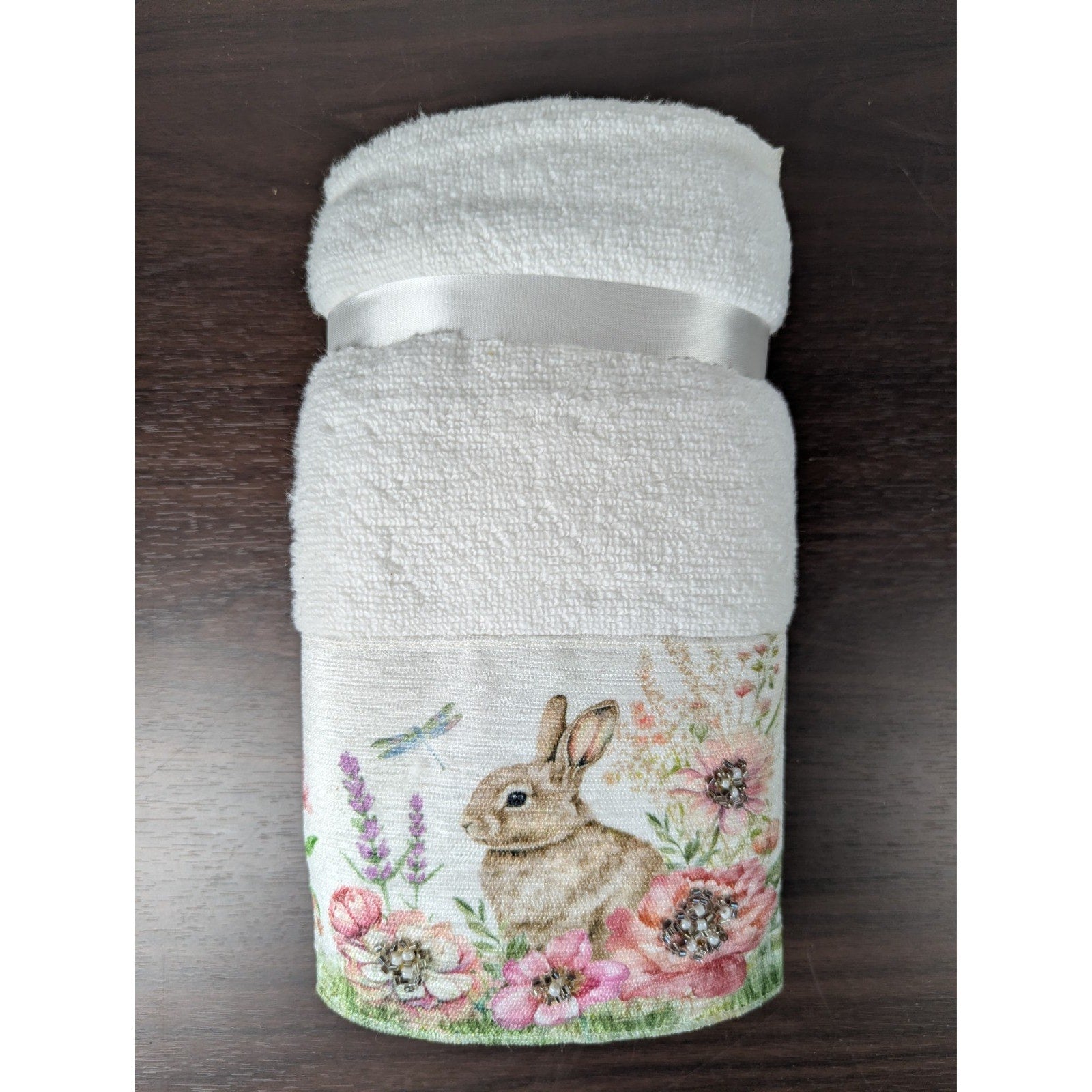 Easter Blessing Beaded Bunny Floral Hand Towels Set of 2, 16x28" 100% Cotton