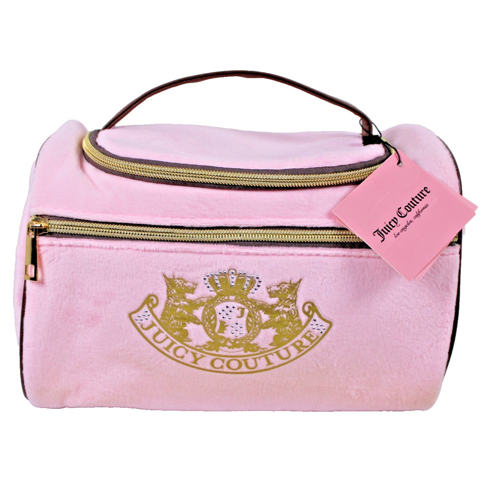 NWT Juicy Couture pink velvety cosmetic make up hanging bag w/toiletry bottle