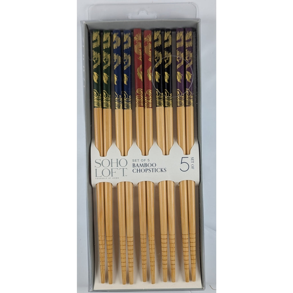 SOHO LOFT Set of 5 Durable Bamboo ChopSticks. Dragon design. 5 colors