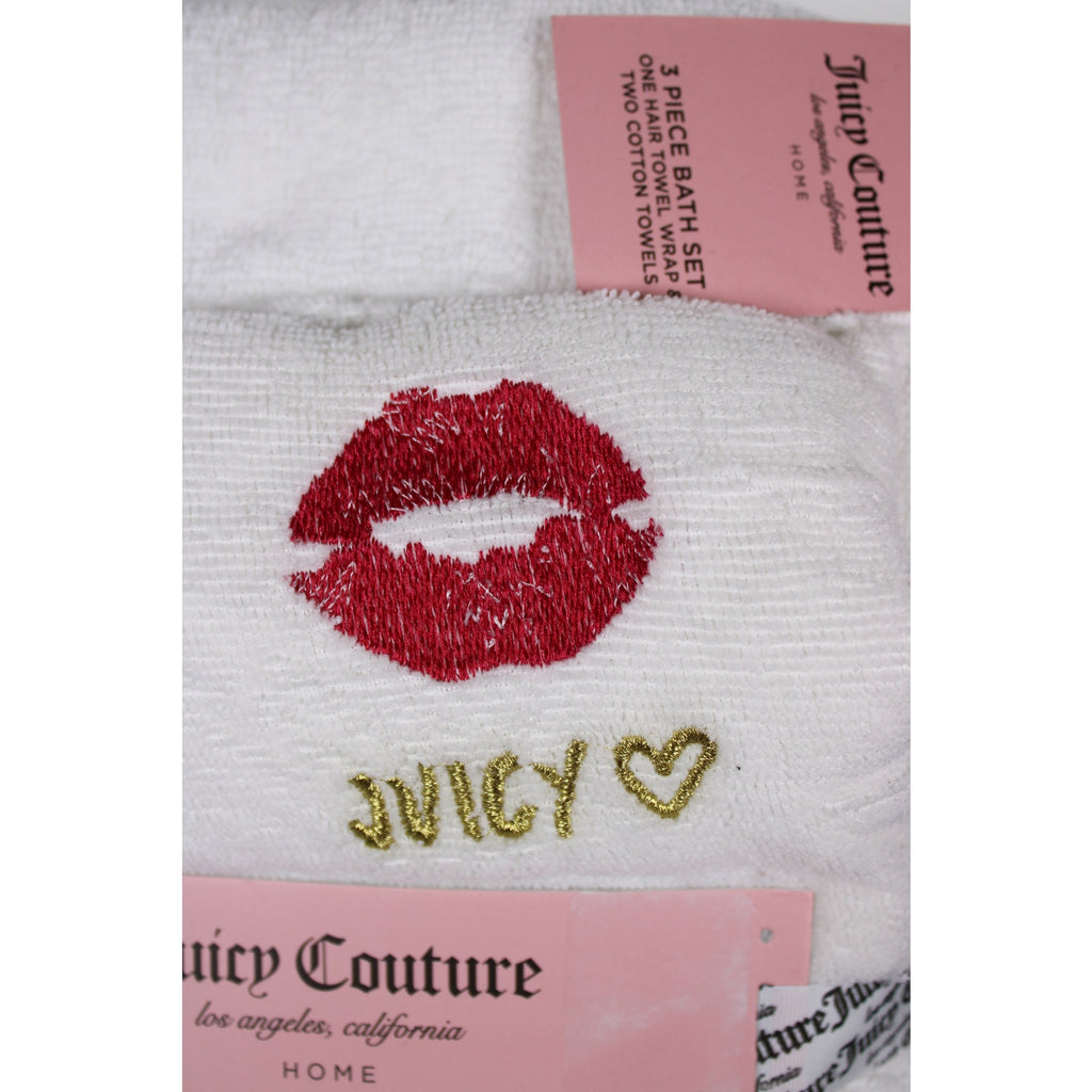 White Juicy Couture Lip Print 3-PC Bath Set Hair Wrap Towel Two Cotton Towels
