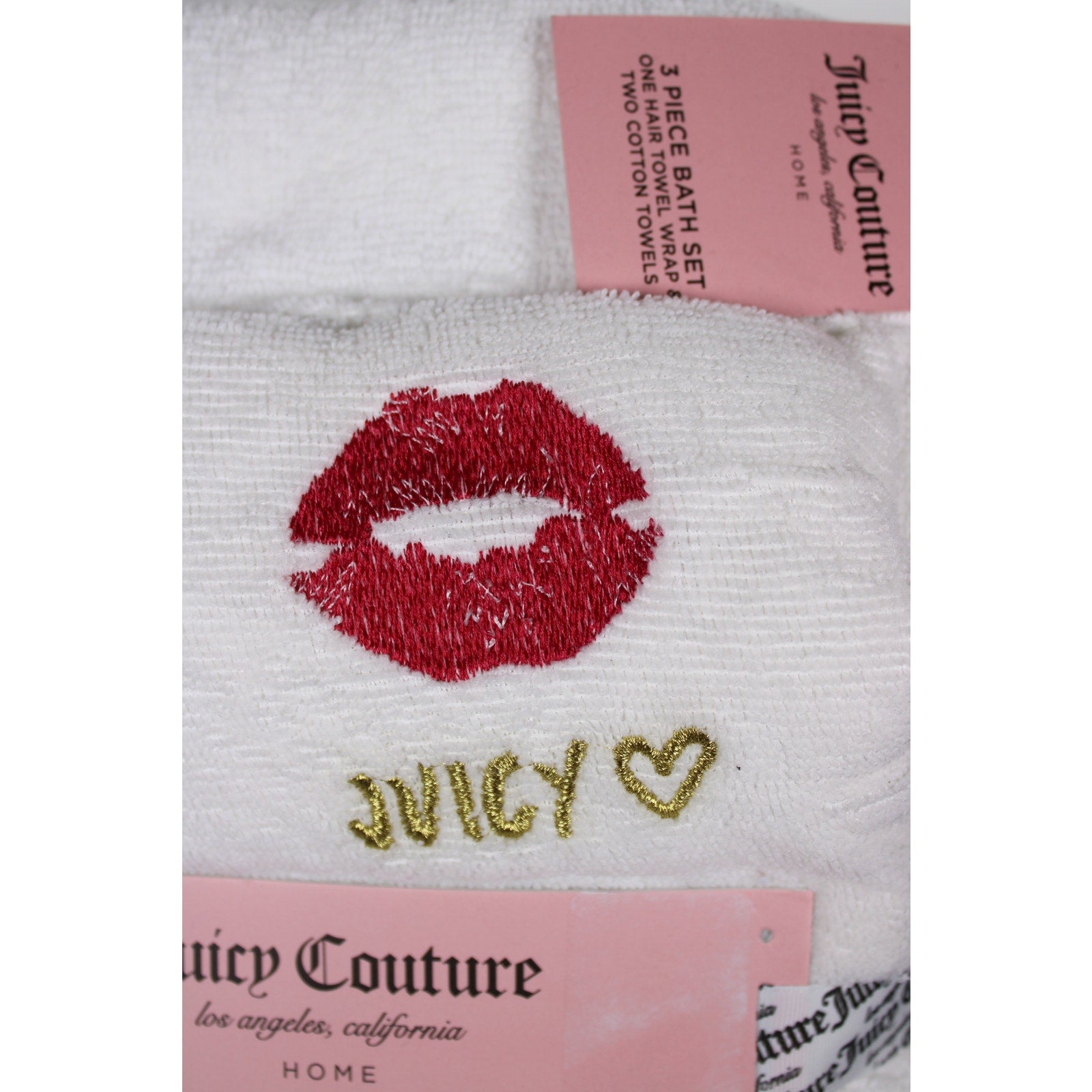 White Juicy Couture Lip Print 3-PC Bath Set Hair Wrap Towel Two Cotton Towels