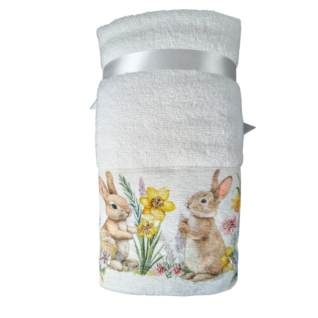 Happy Easter Spring Beaded Bunny Floral Hand Towels Set of 2, 16x28" 100% Cotton