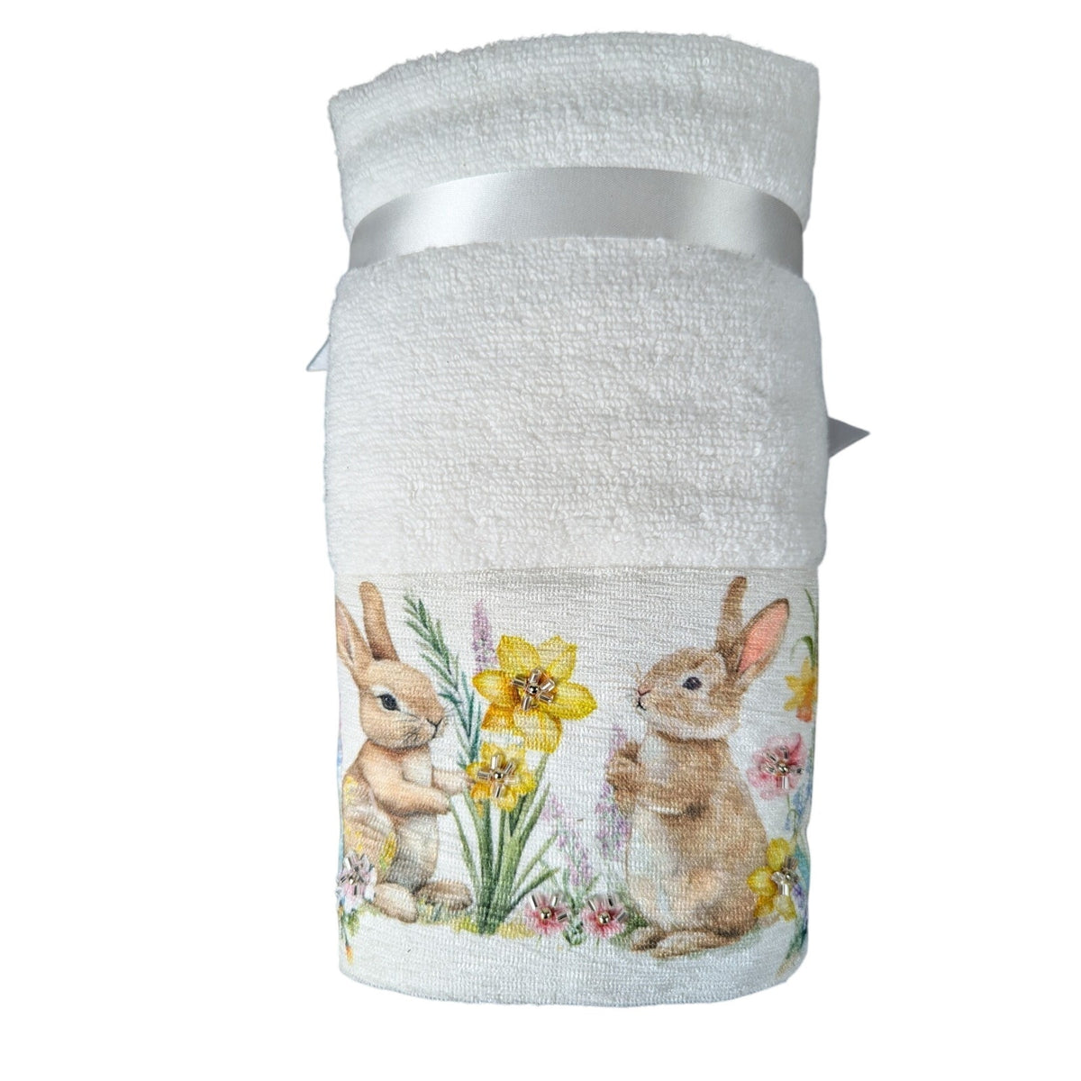 Happy Easter Spring Beaded Bunny Floral Hand Towels Set of 2, 16x28" 100% Cotton