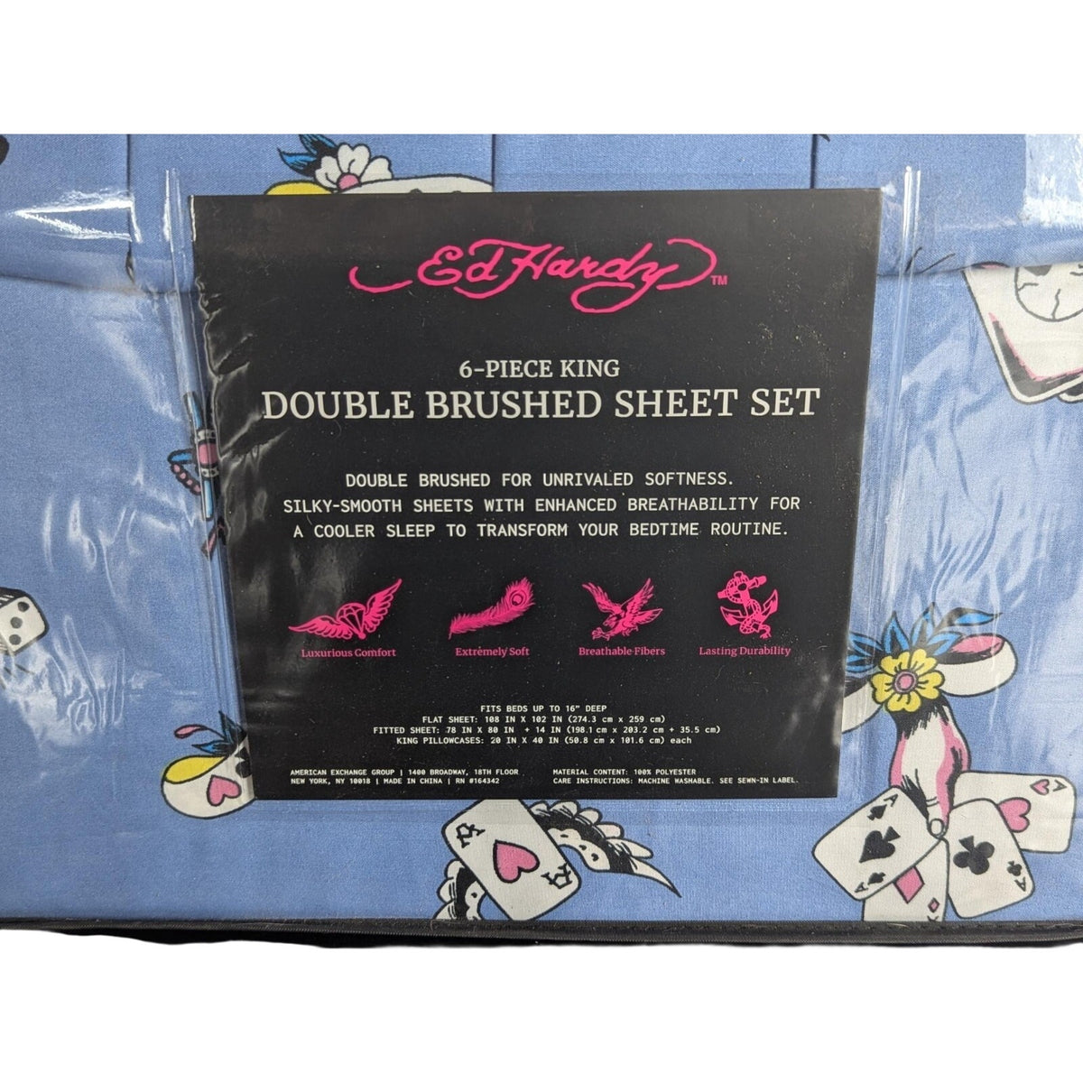 Ed Hardy 6-pc King Sheet Set w/4 Pillowcases, Playing Cards, Dice, Hearts NEW