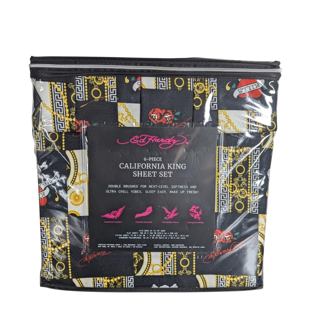 Ed Hardy Black 6 pc Cal King Sheet Set Hearts, Skulls, Roses, w/4 Pillowcases