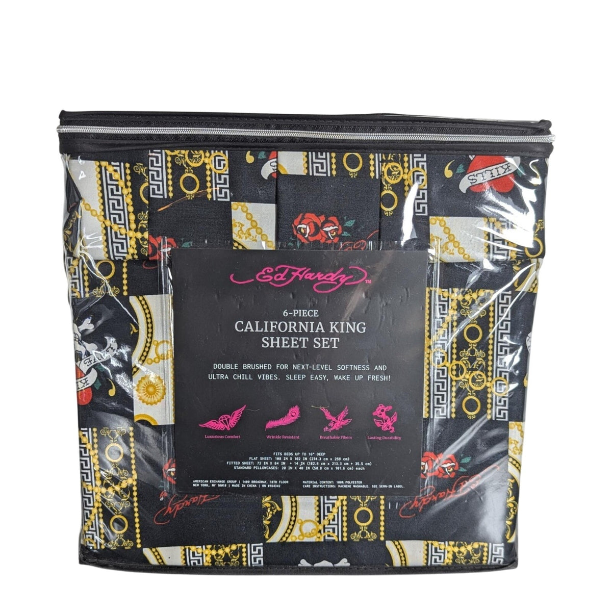 Ed Hardy Black 6 pc Cal King Sheet Set Hearts, Skulls, Roses, w/4 Pillowcases