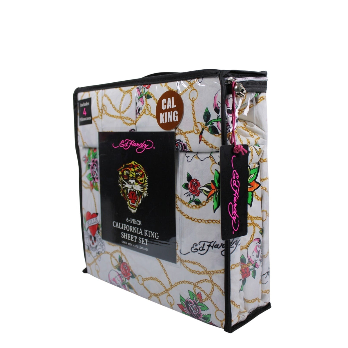 Ed Hardy White 6 pc Cal King Sheet Set Skulls Roses Tattoo Print w/4 Pillowcases