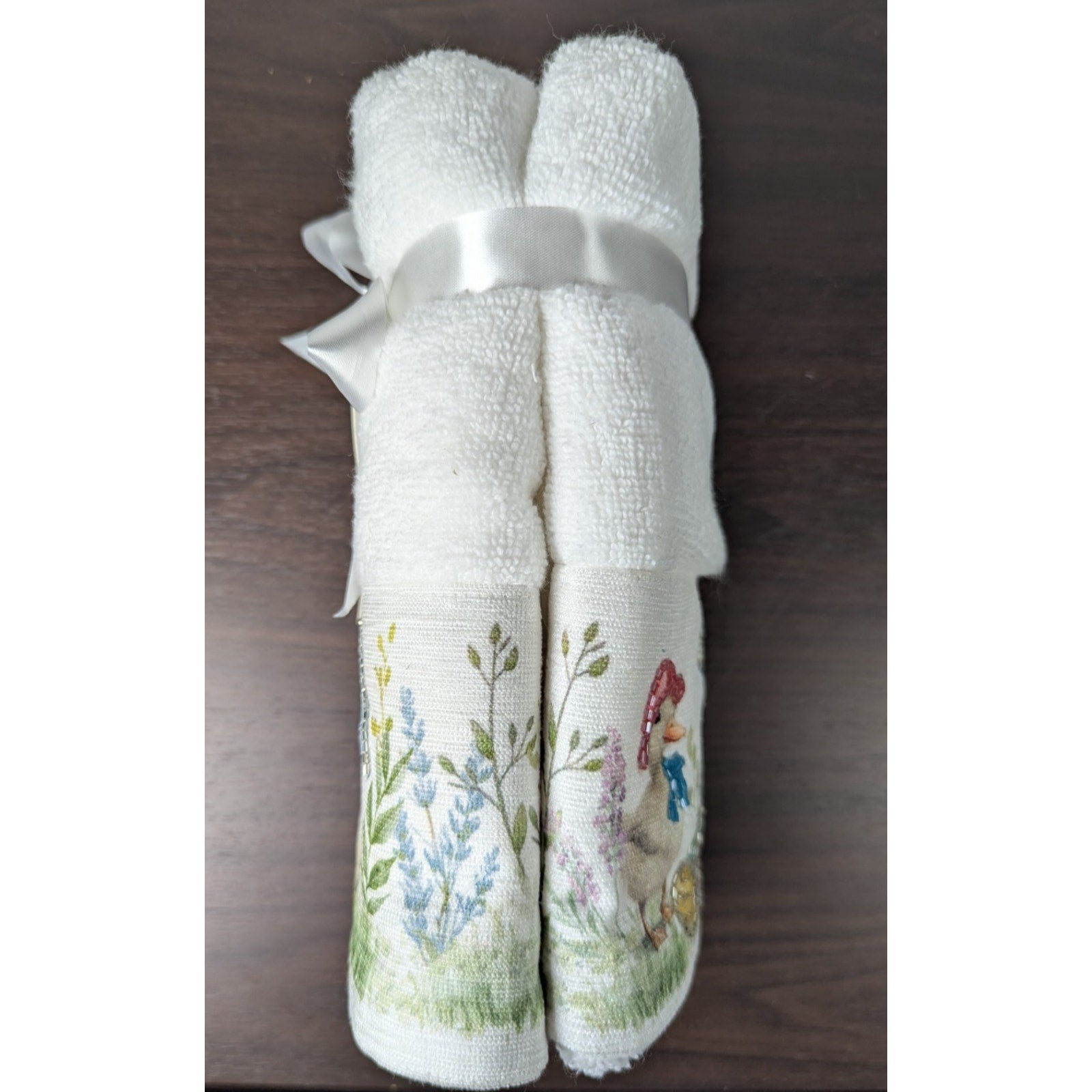 Easter Blessing Beaded Ducks Floral Hand Towels Set of 2, 16x28" 100% Cotton