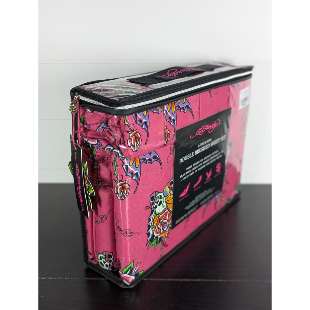 Ed Hardy 6 pc King Sheet Set Skulls Roses Tattoo Print w/4 Pillowcases