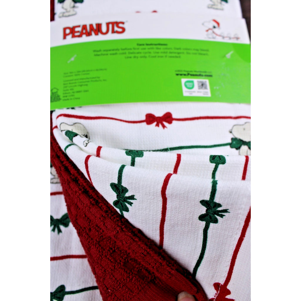 Peanuts Snoopy Red and Green Christmas Bows 3 pc Kitchen Towel Set 18x28 Cotton