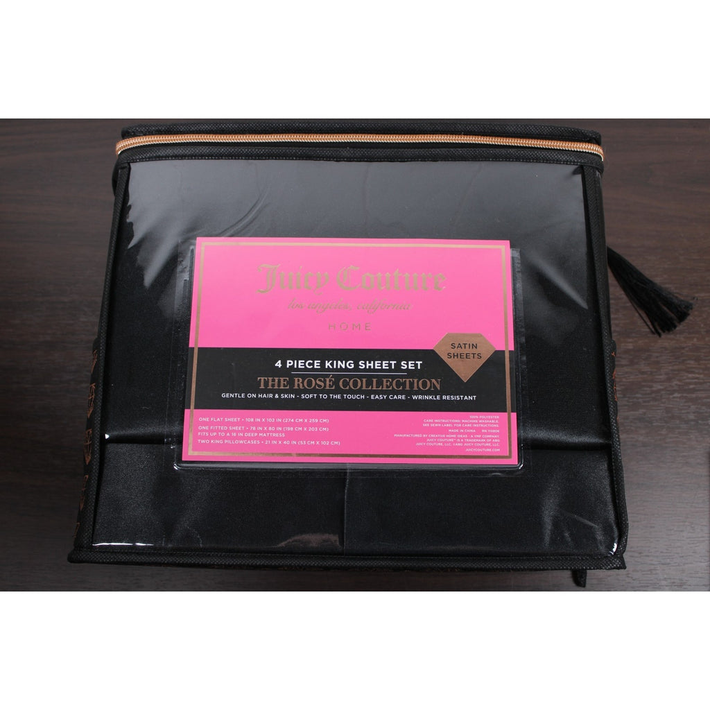 Juicy Couture Black Satin 4pc KING Sheet Set Easy Care Soft Sleek Smooth