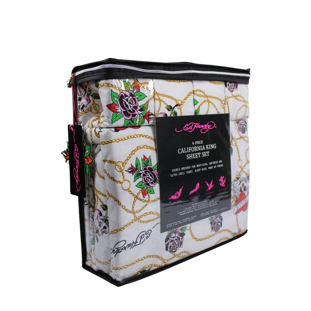 Ed Hardy White 6 pc Cal King Sheet Set Skulls Roses Tattoo Print w/4 Pillowcases
