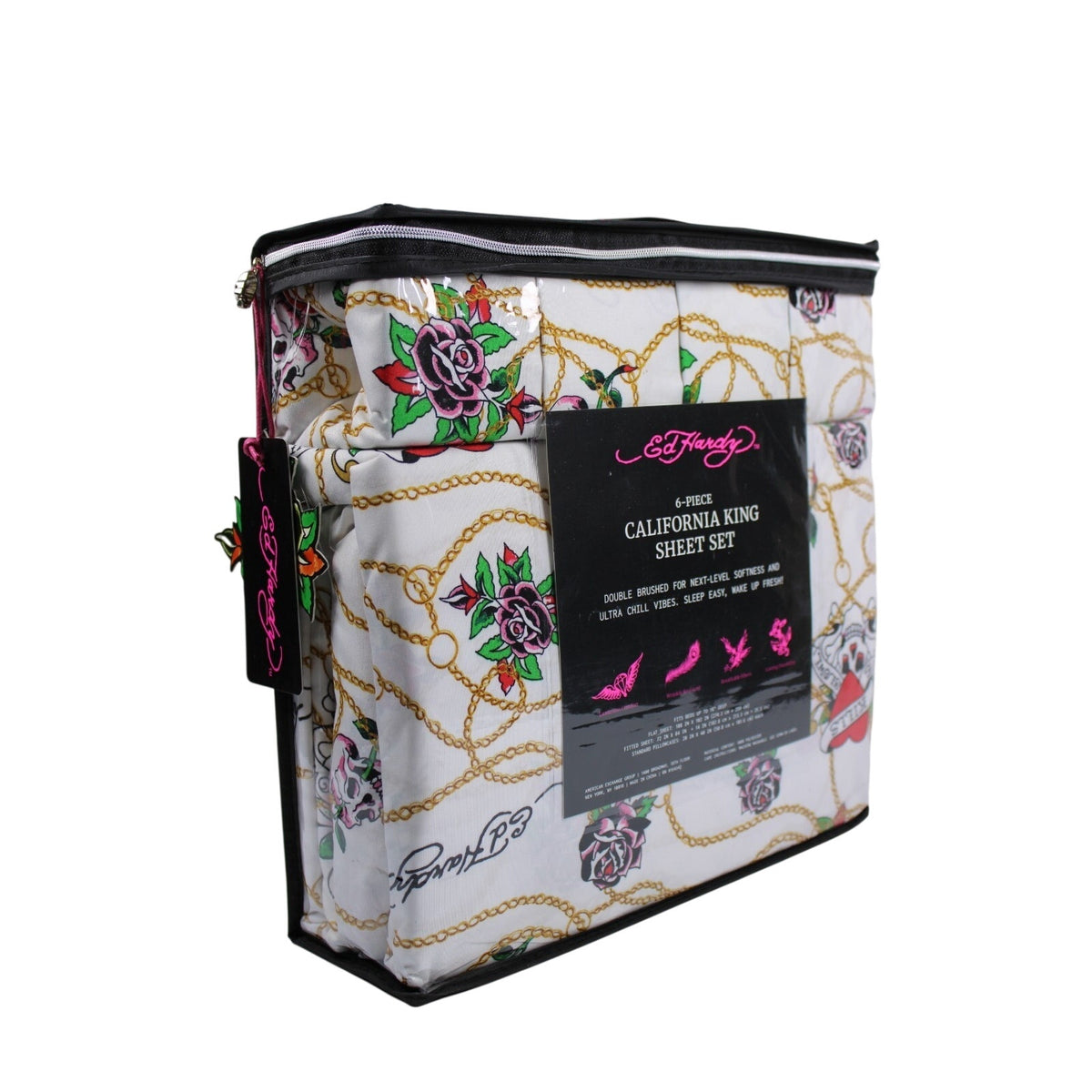 Ed Hardy White 6 pc Cal King Sheet Set Skulls Roses Tattoo Print w/4 Pillowcases