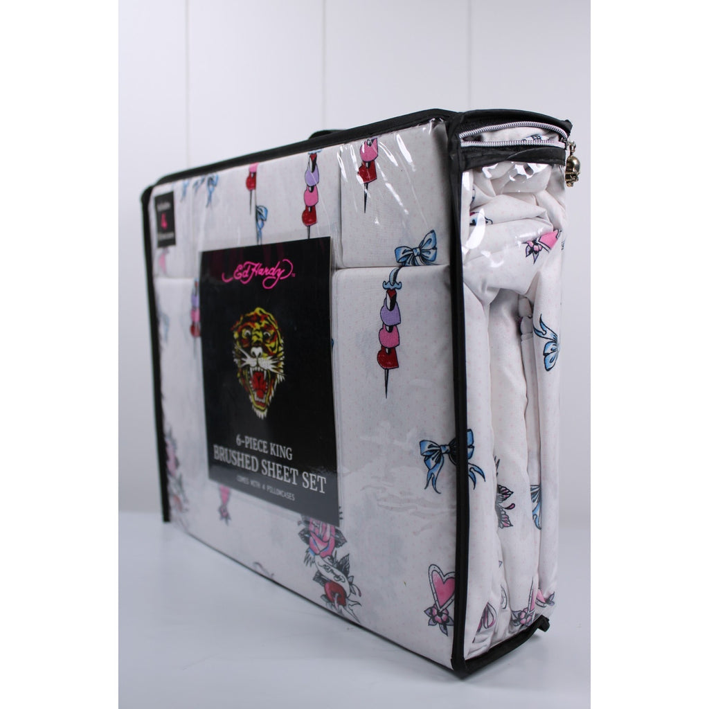 Ed Hardy KING 6pc Sheet Set with 4 Pillowcases Skulls, Bows, Roses, Hearts print