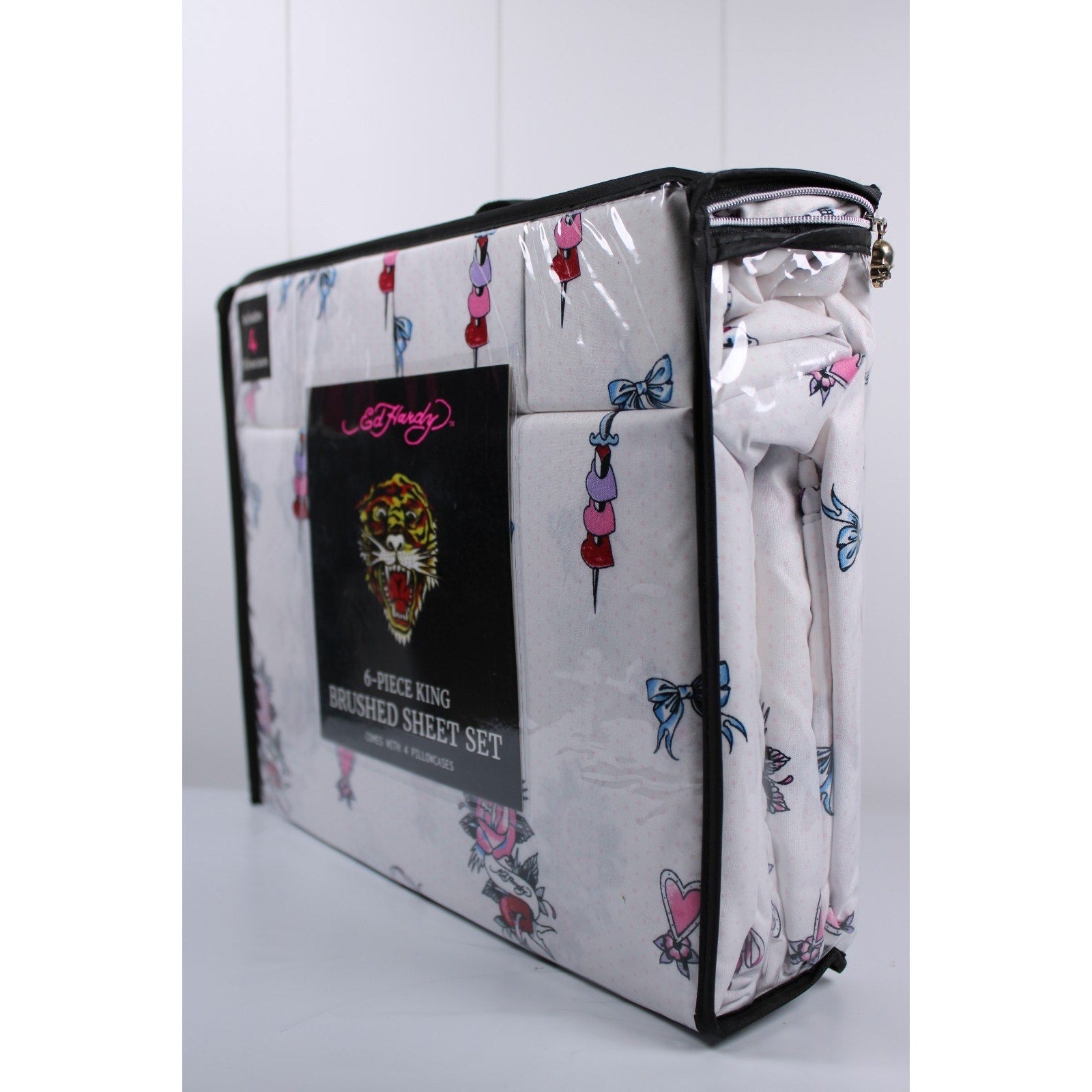 Ed Hardy KING 6pc Sheet Set with 4 Pillowcases Skulls, Bows, Roses, Hearts print