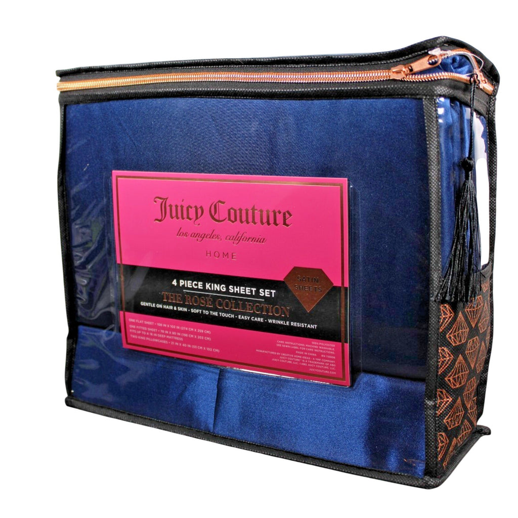 Juicy Couture Royal Blue Satin 4pc KING Sheet Set Easy Care Soft Sleek Smooth