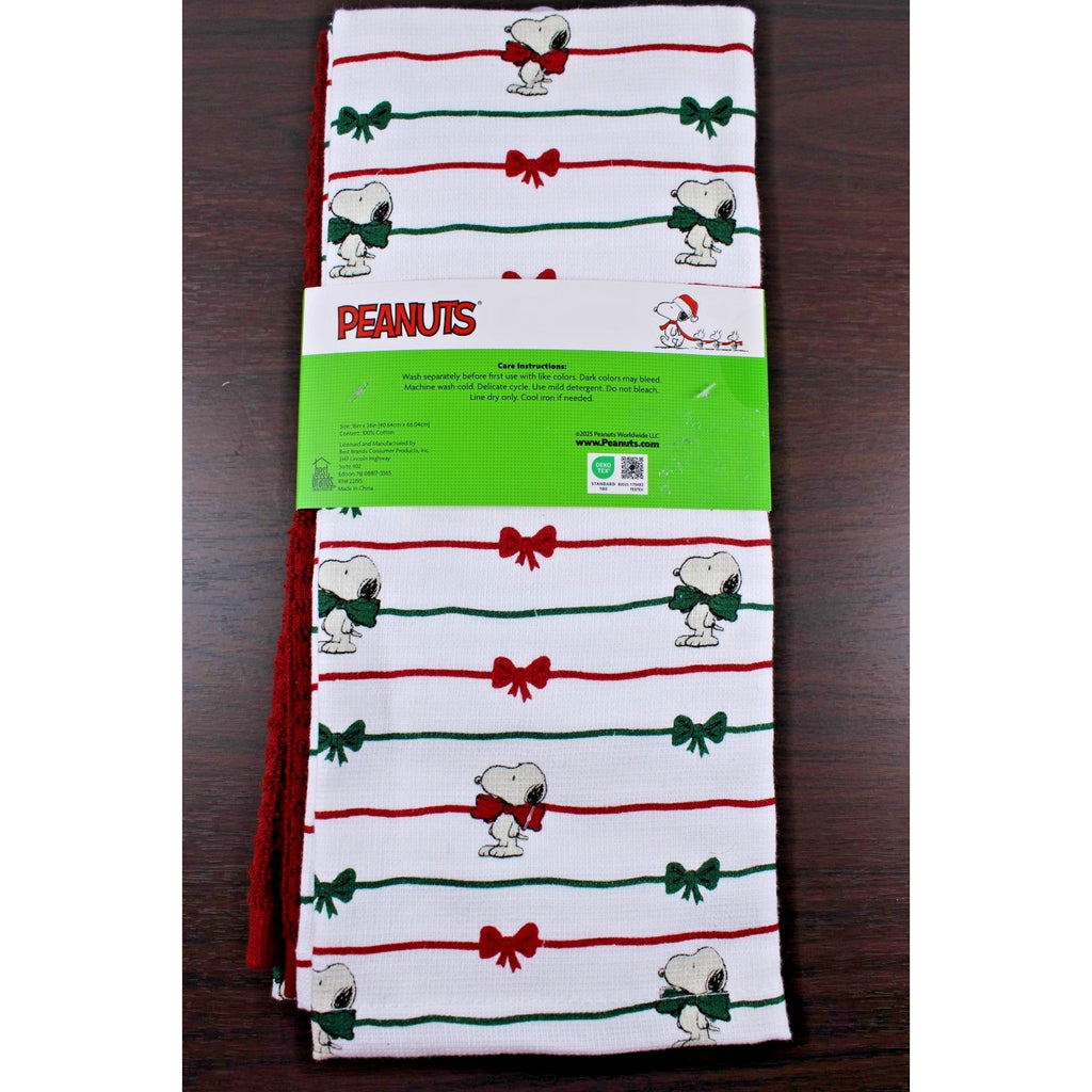 Peanuts Snoopy Red and Green Christmas Bows 3 pc Kitchen Towel Set 18x28 Cotton