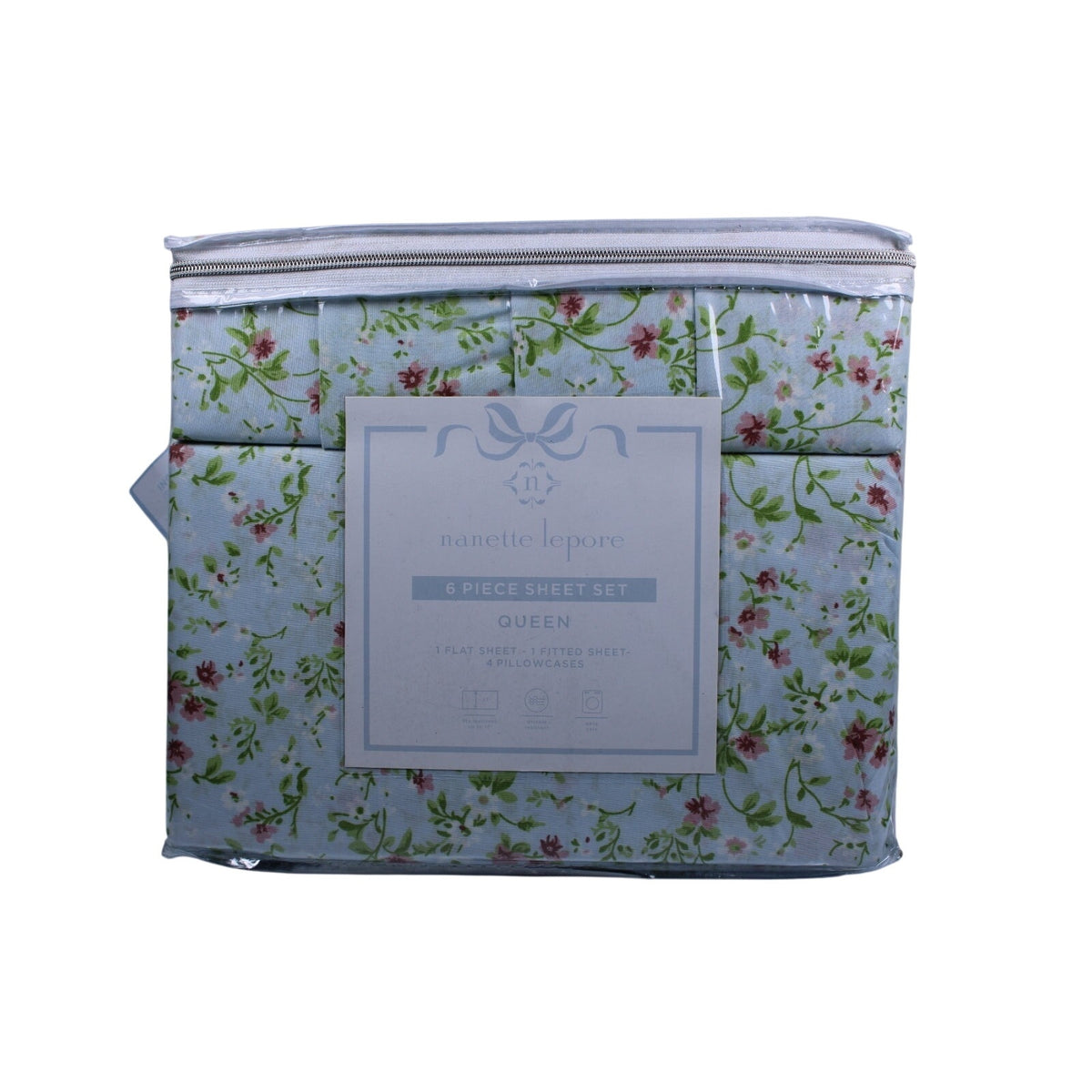Nanette Lepore Queen 6 Piece Sheet Set Green, Pink Floral, 2 bonus pillowcases