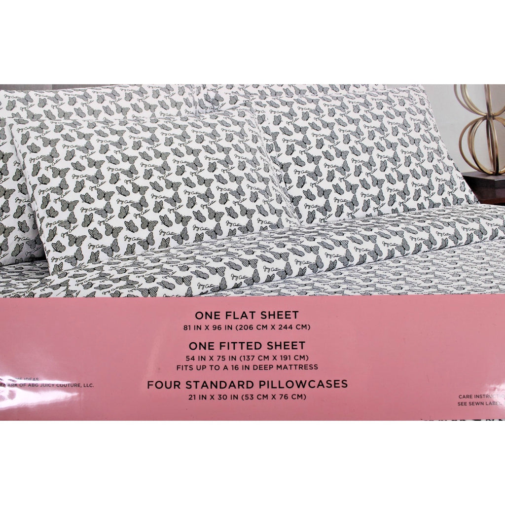 Juicy Couture FULL 6 pc Bed Sheet Set Black and White Checkered Butterflies