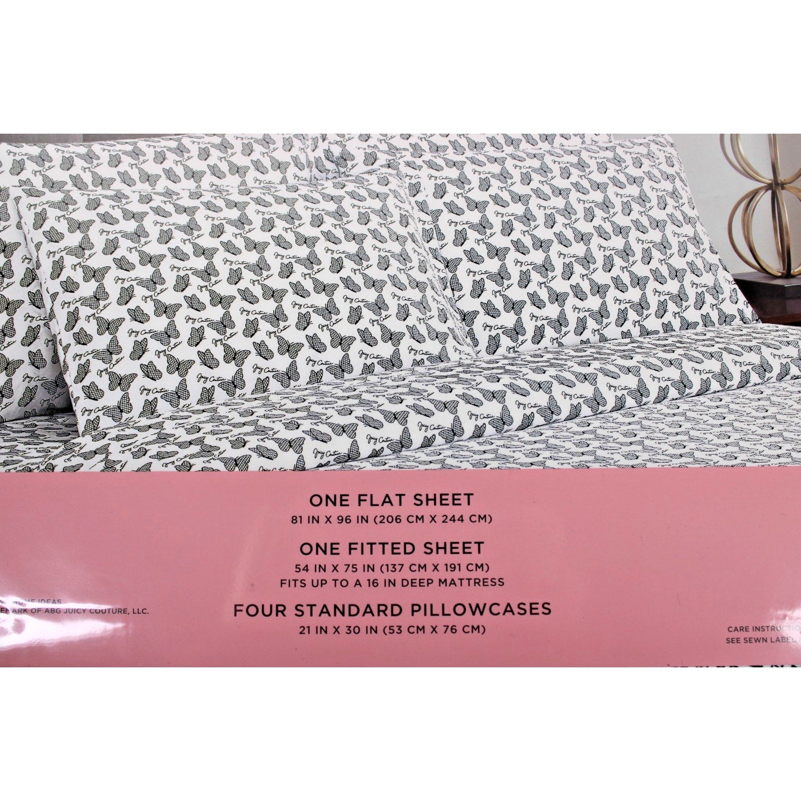 Juicy Couture FULL 6 pc Bed Sheet Set Black and White Checkered Butterflies