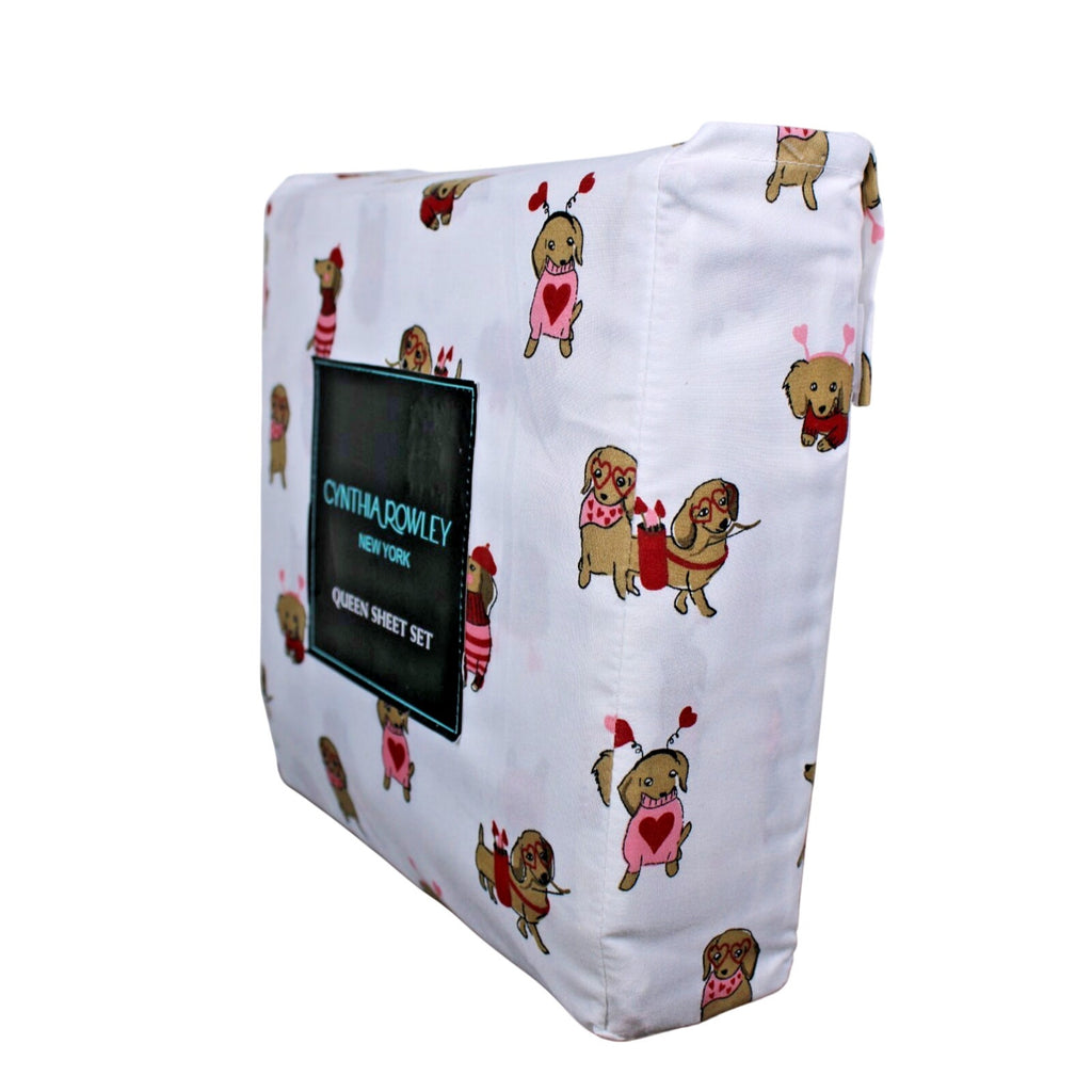 CYNTHIA ROWLEY Queen Sheet Set Weenie Dogs Valentines Hearts DACHSHUND