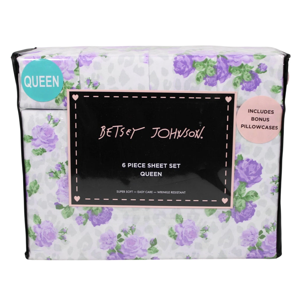 New Betsey Johnson Purple Wild Love Queen 6 Piece Sheet Set Bonus Shams