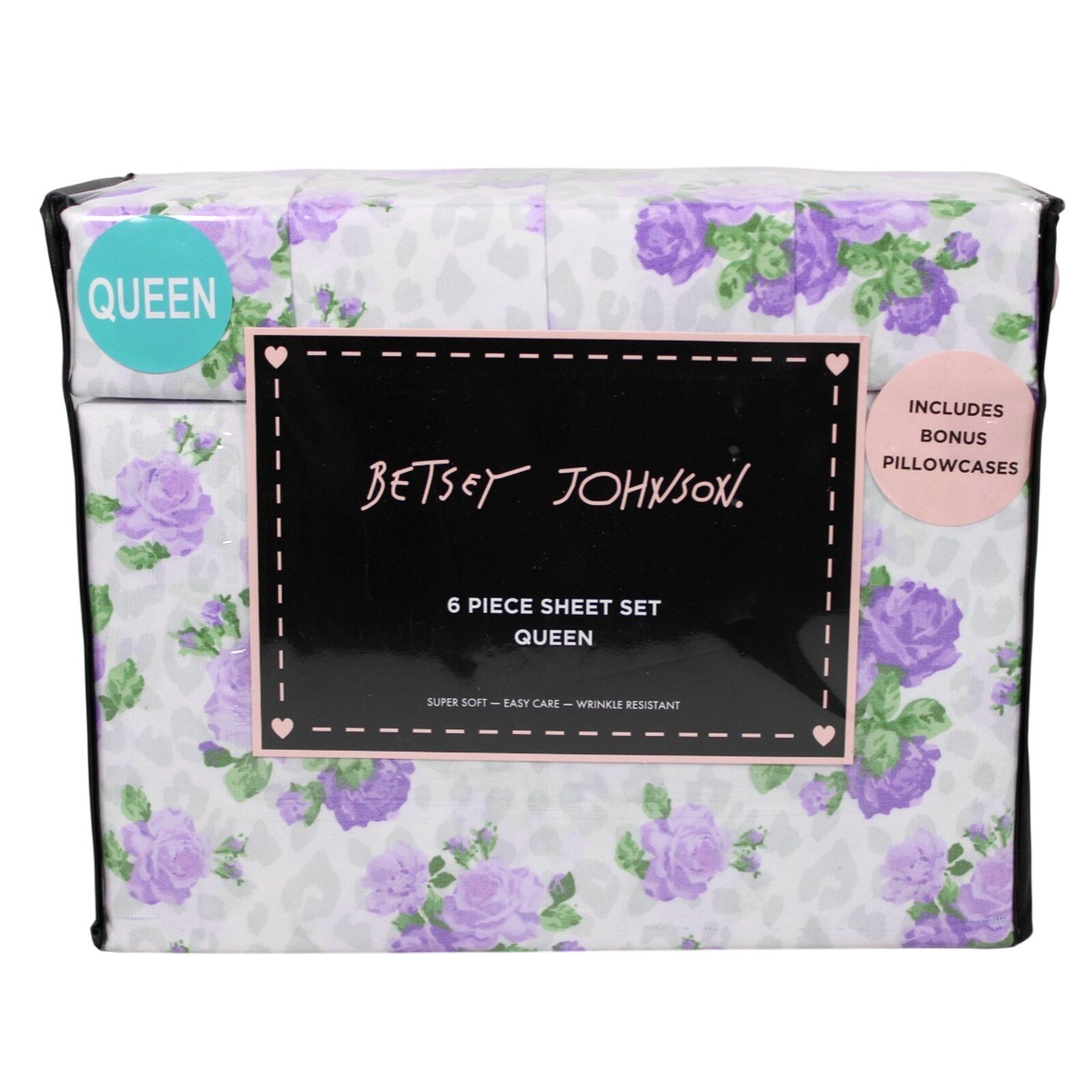 New Betsey Johnson Purple Wild Love Queen 6 Piece Sheet Set Bonus Shams