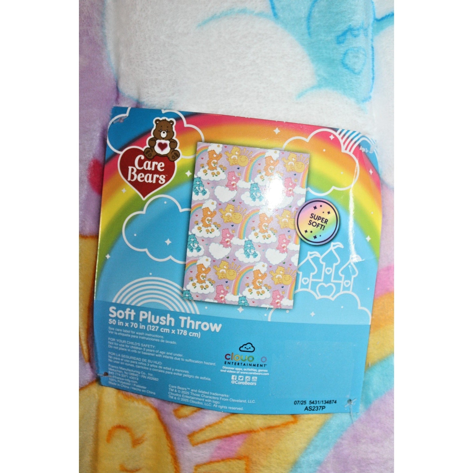 Care Bears Soft Throw Blanket Smiley Suns Rainbows Flowers and Clouds 50” X 70”