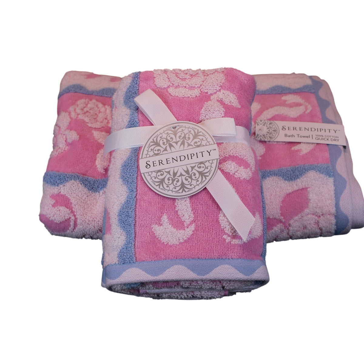 SERENDIPITY  3pc Bath Towel Set Bows & Roses Design 100% Cotton