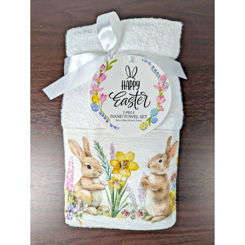 Happy Easter Spring Beaded Bunny Floral Hand Towels Set of 2, 16x28" 100% Cotton