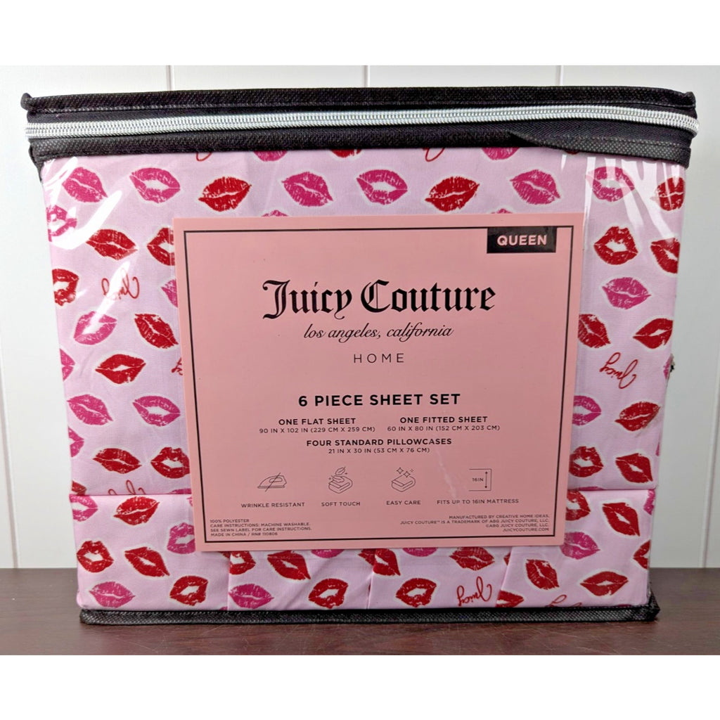 Juicy Couture Queen 6 Piece Sheet Set - Juicy Logo with Lip Pattern