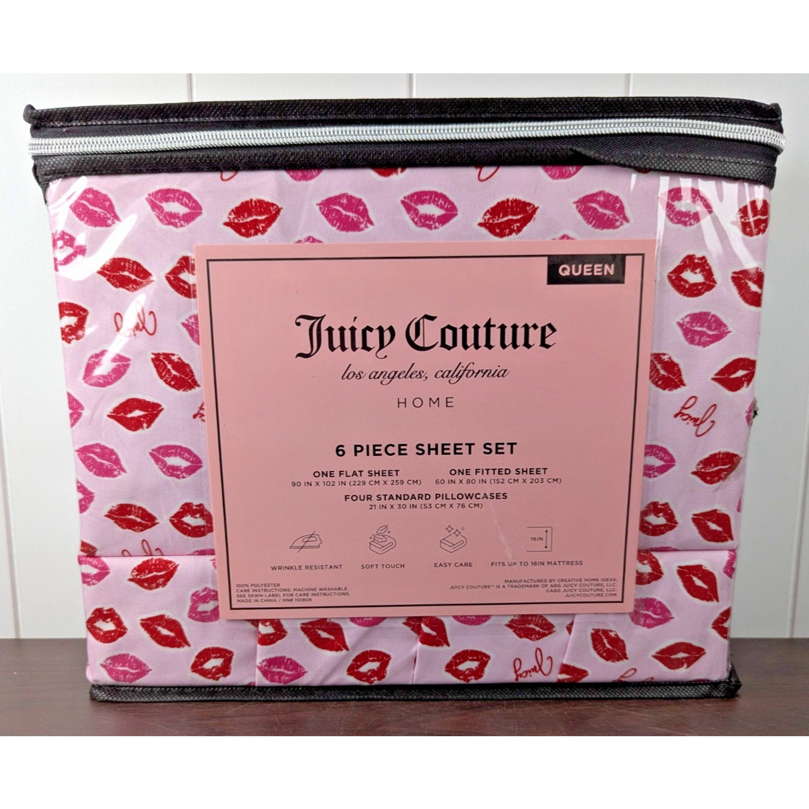 Juicy Couture Queen 6 Piece Sheet Set - Juicy Logo with Lip Pattern